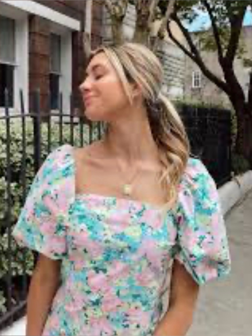 Bellwood Pink and Aqua Floral Puff-Sleeve Square Neck Tunic